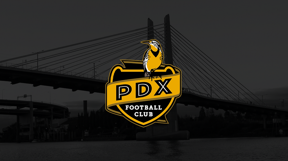 PDX FC logo over Portland bridge skyline